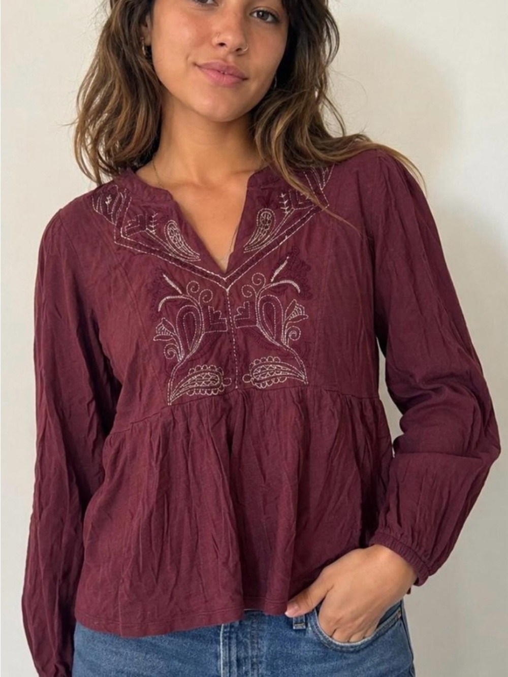 Lucky Brand Embroidered V-Neck Peplum Top - Burgundy